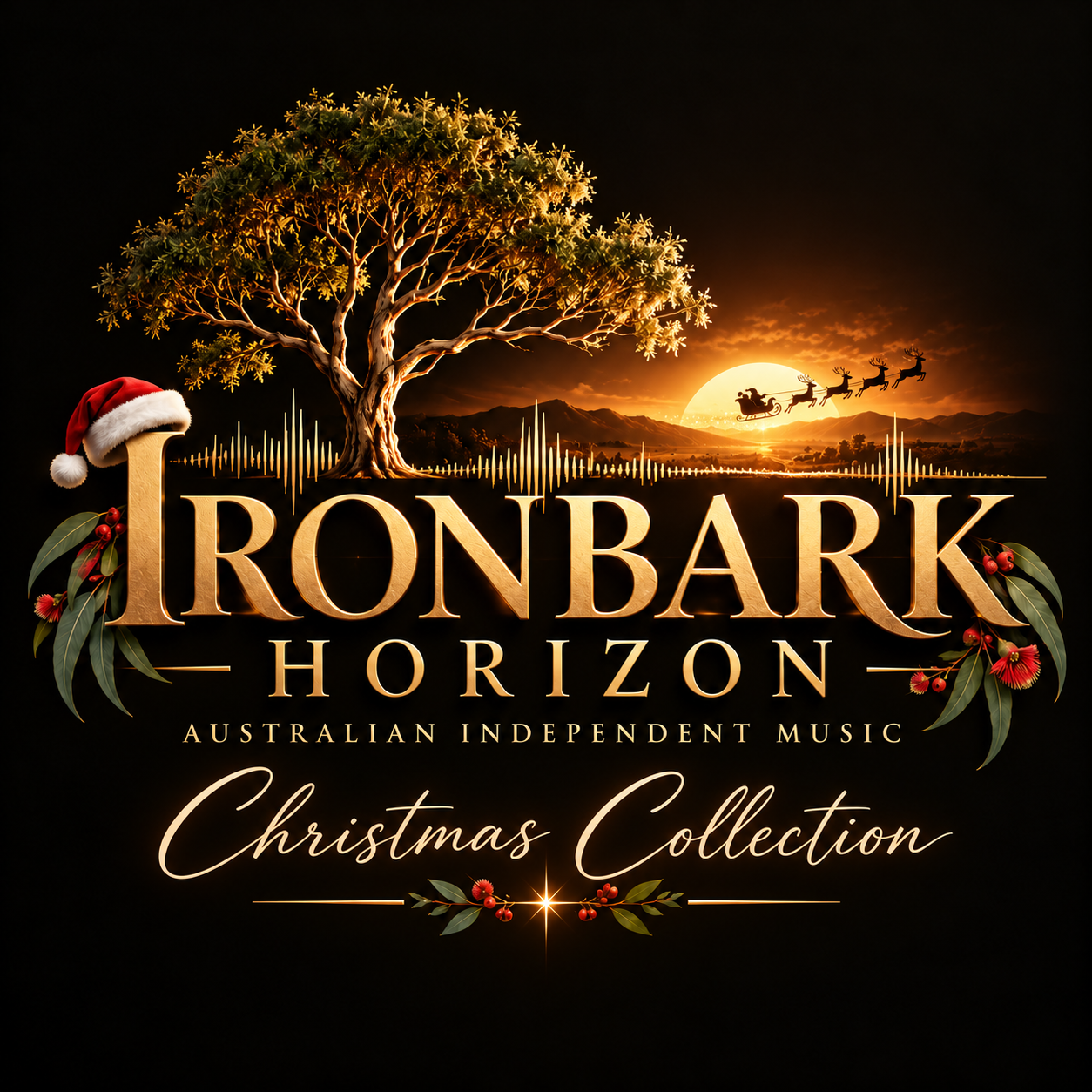 Traditional Christmas Ironbark Horizon logo with golden tree and Santa’s sleigh
