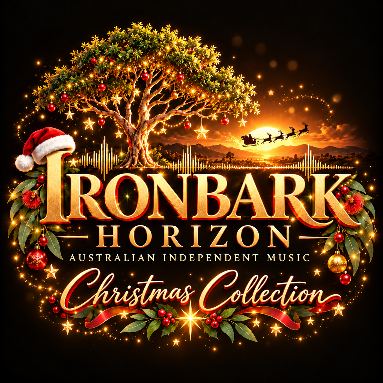 ChristmasVerse Ironbark Horizon Christmas Collection logo, decorated tree and golden lights