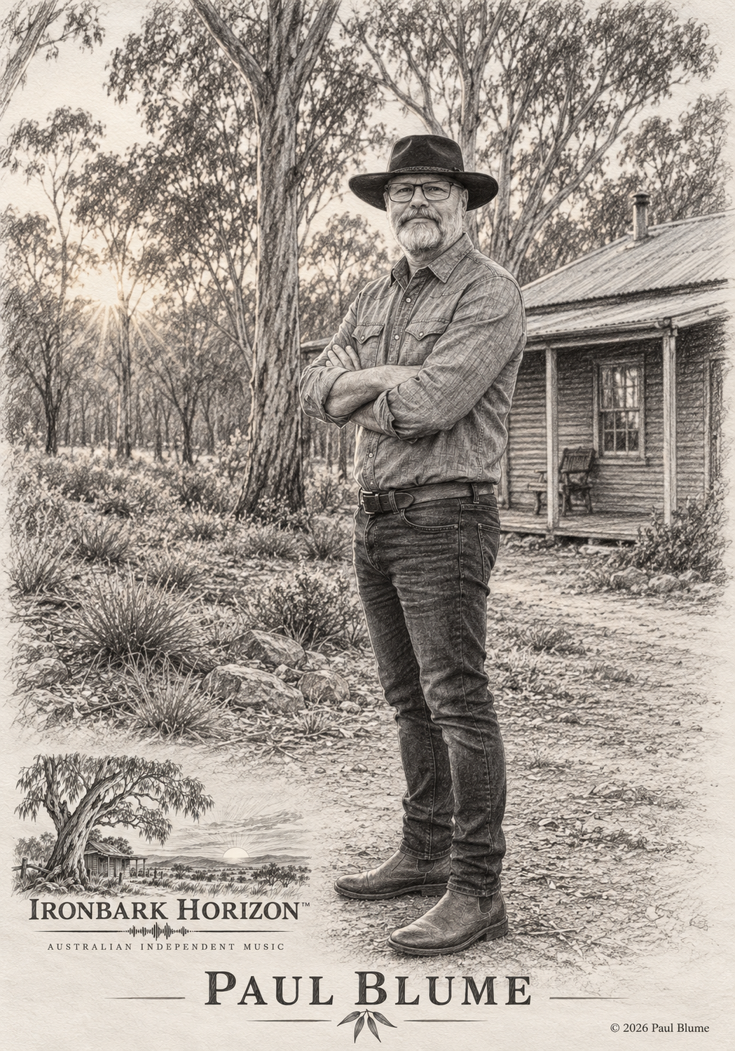 Illustrated portrait of Paul Blume wearing a bush hat beside an Australian bush cabin